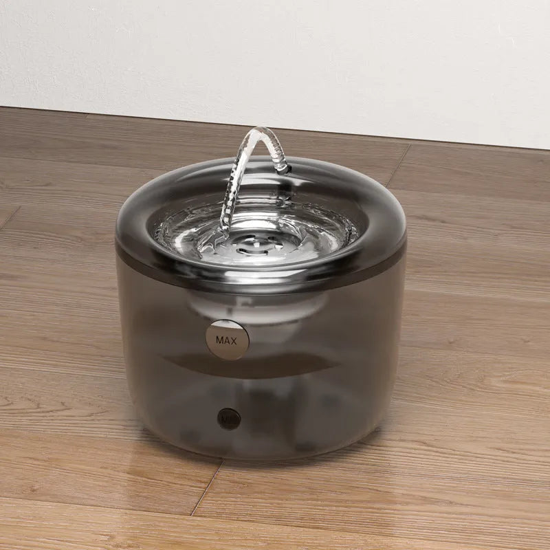 Grey and green pet automatic water fountain with circulating filter and induction outlet for dogs and cats