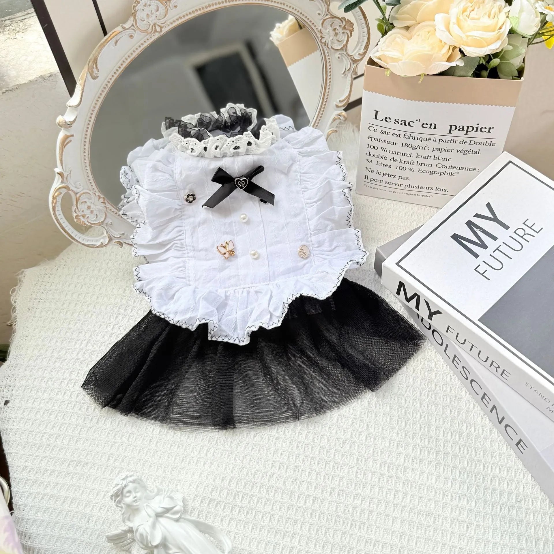 White polyester princess dog dress with a gauze skirt for small to medium-sized pets.