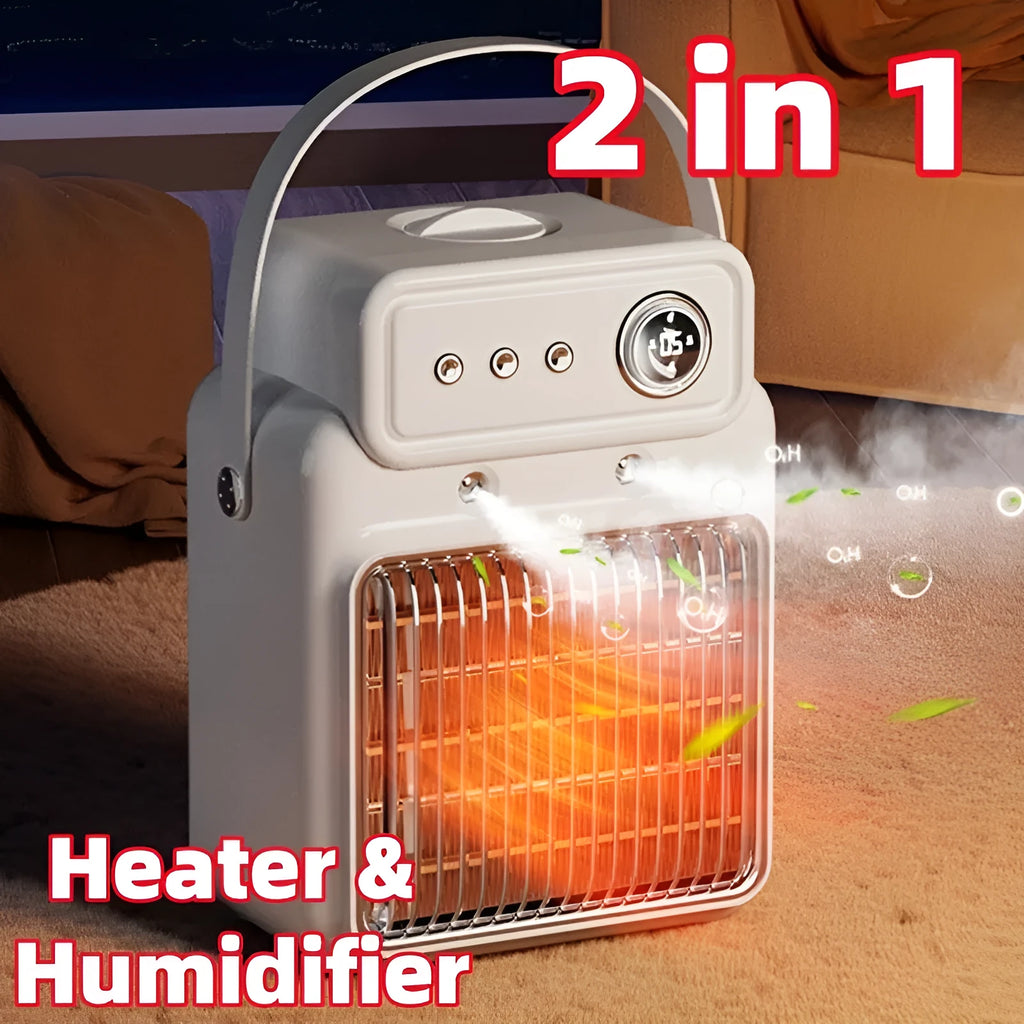 White 1200W PTC room heater with humidifying function on a tabletop.
