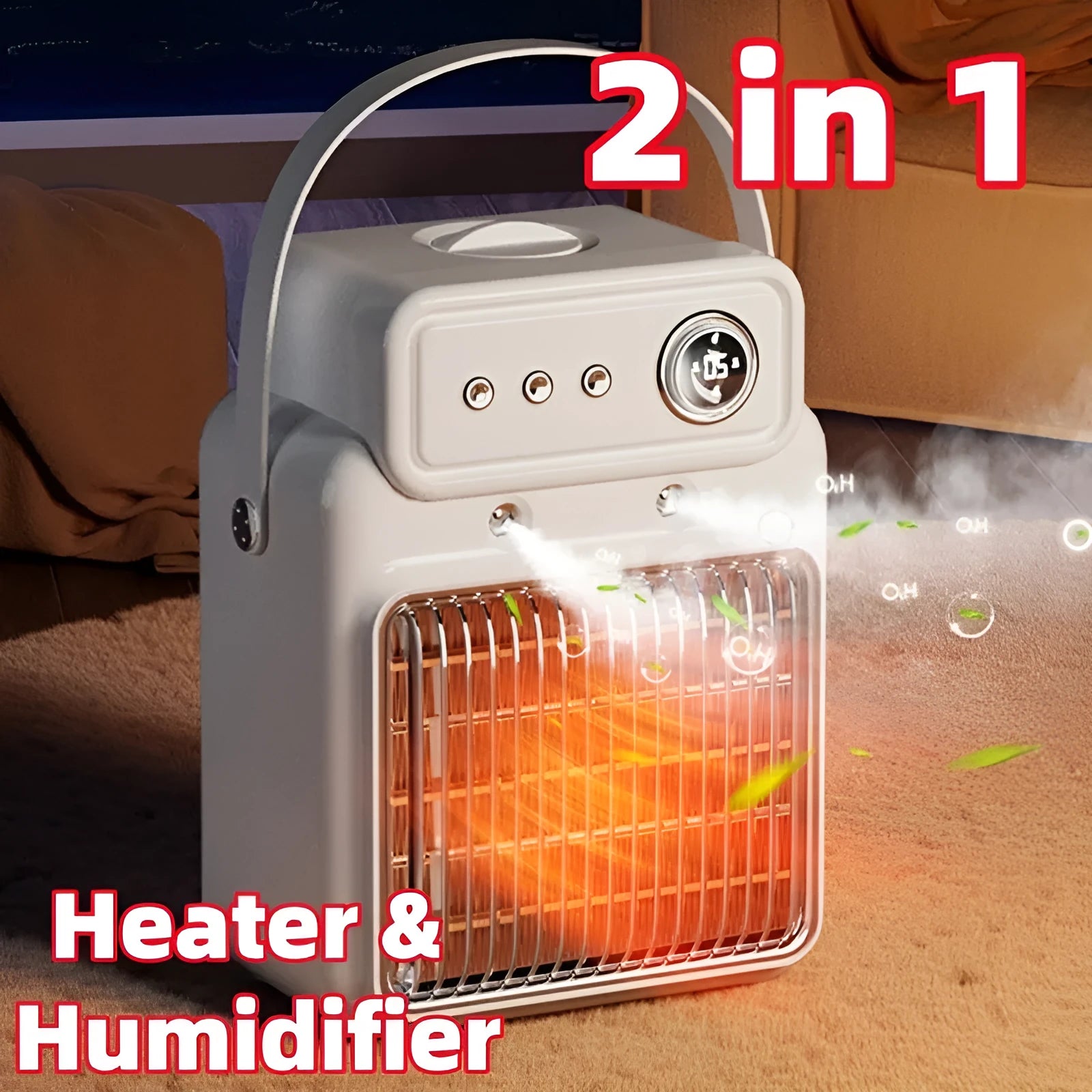 White 1200W PTC room heater with humidifying function on a tabletop.
