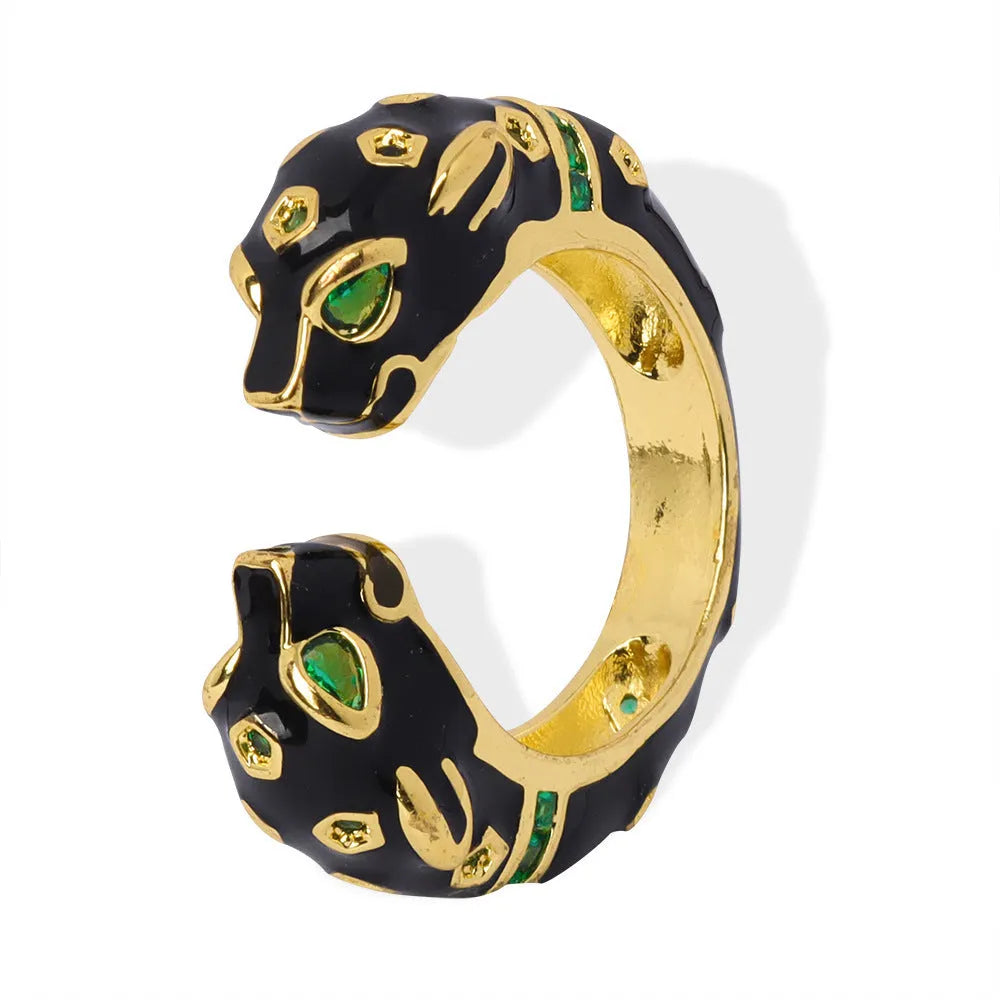 Women's copper cheetah print open ring with geometric design in black electroplated finish