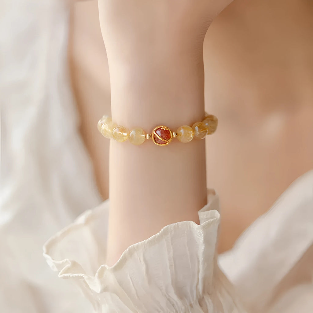 Citrine and gold rutilated quartz crystal bracelet with diamond-shaped beads in Korean style