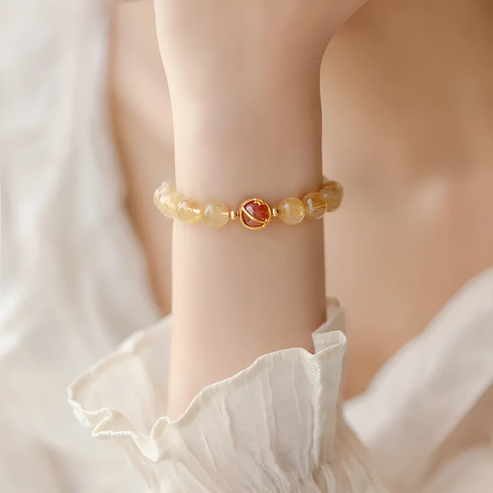 Citrine and gold rutilated quartz crystal bracelet with diamond-shaped beads in Korean style