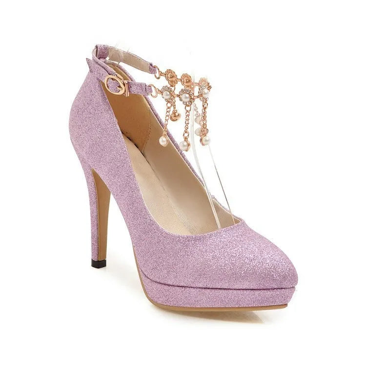 Blue women's platform stiletto heels with pointed toe on a neutral background.
