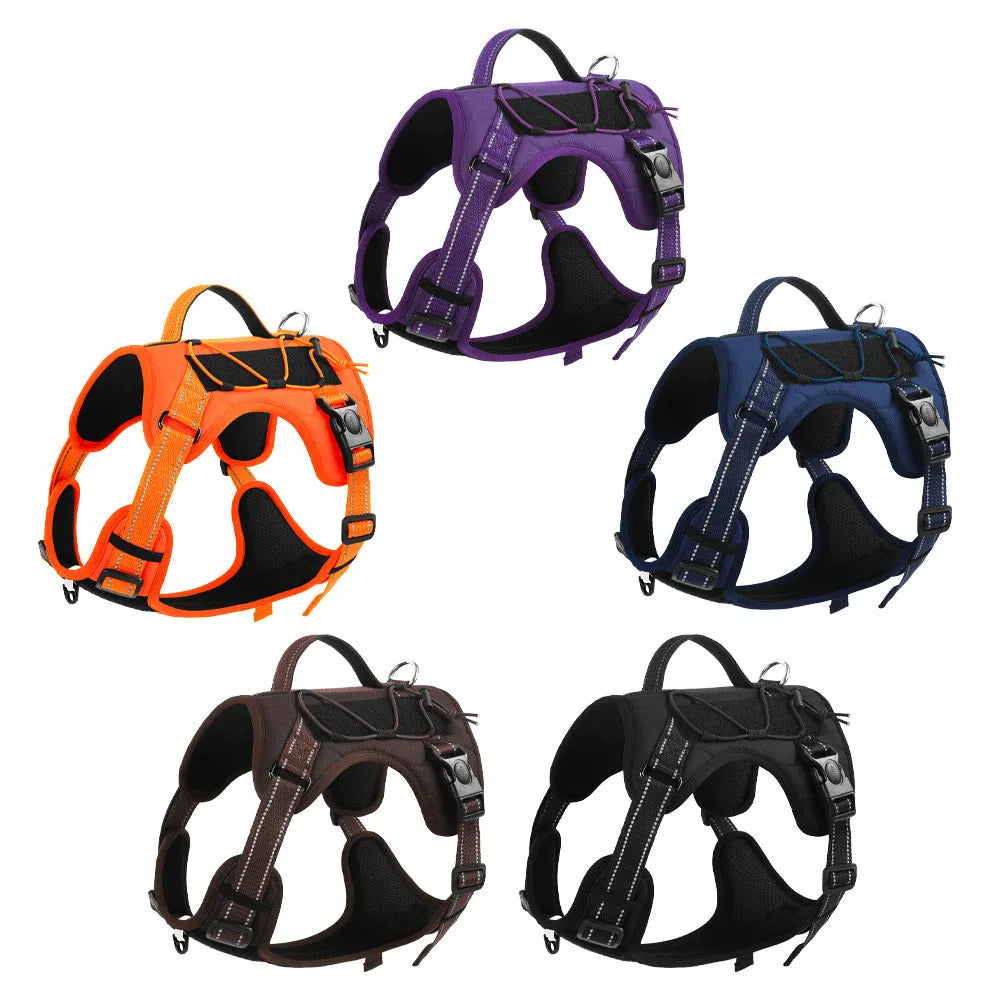 Reflective dog harness vest with explosion-proof leash attachment in multiple colour options
