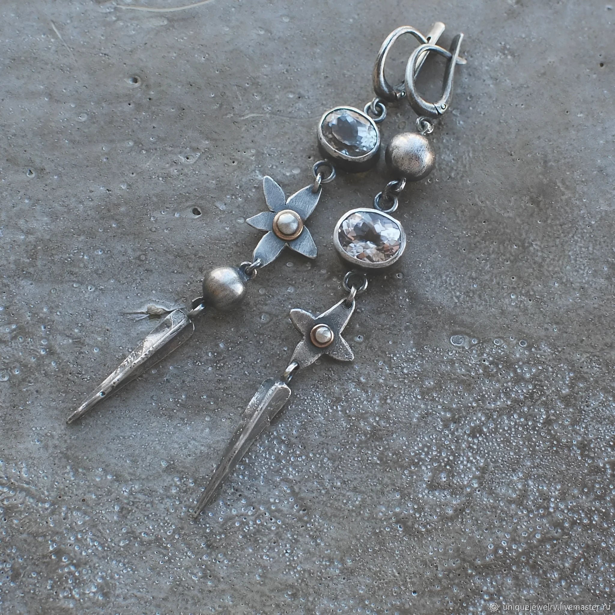Hesheng geometric antique silver earrings with long XINGX pendant and rhinestone decoration
