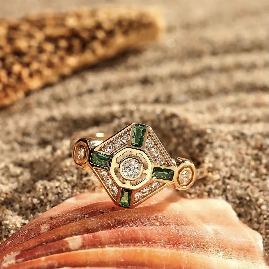 Women's geometric square ring with green zircon stones in Ins style design