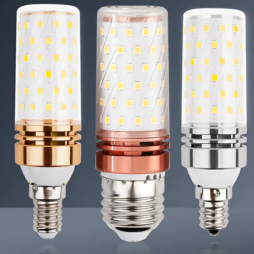 E14 screw cap corn cob LED light bulb with 60 small white LEDs visible, showing three colour temperature options.