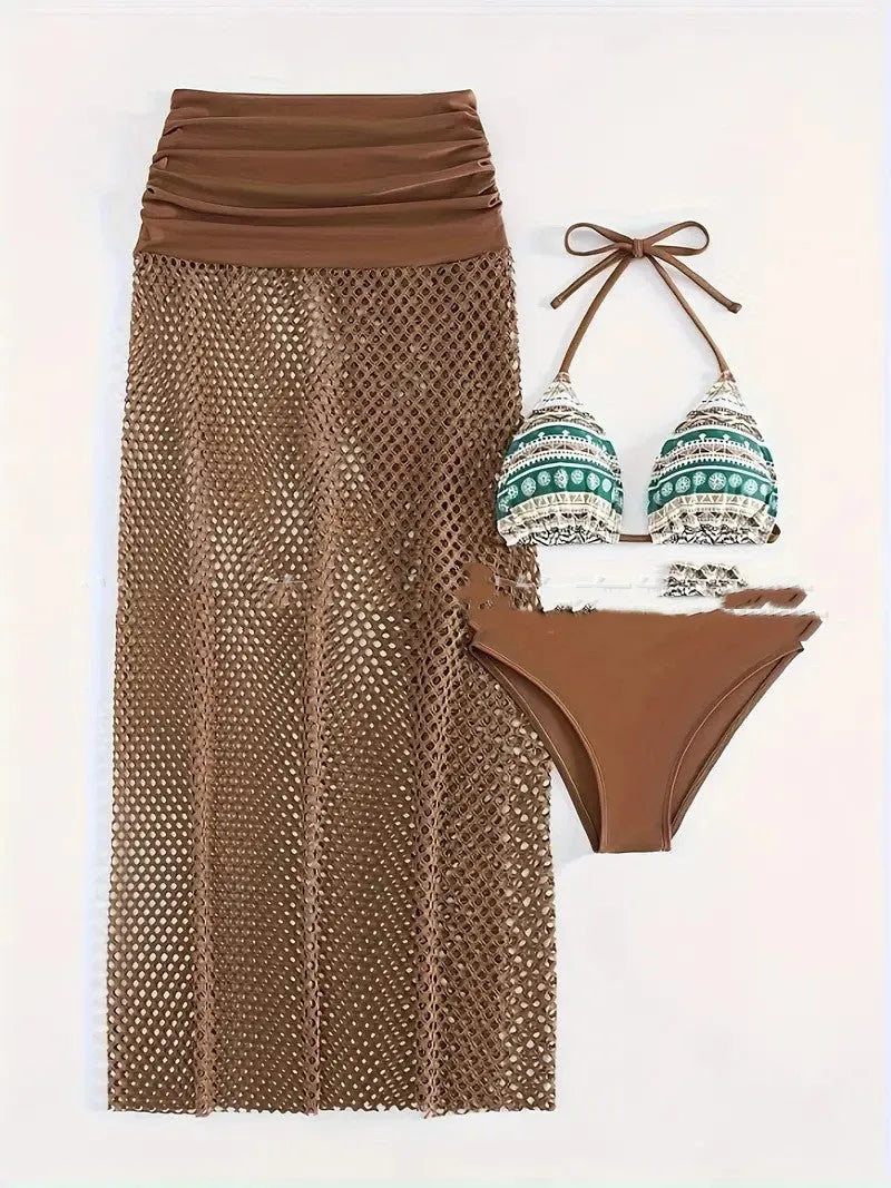 Women's brown three-piece bikini set with fishnet skirt, shown alongside rose pink and black colour options.