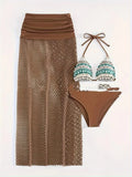 Women's brown three-piece bikini set with fishnet skirt, shown alongside rose pink and black colour options.