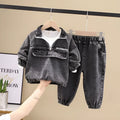 Boys black denim two-piece suit set with long sleeves in Korean style