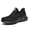 Men's black safety work shoes with steel toe cap on a grey background