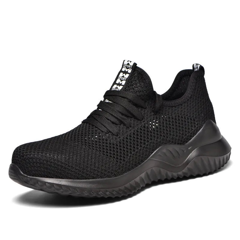 Men's black safety work shoes with steel toe cap on a grey background