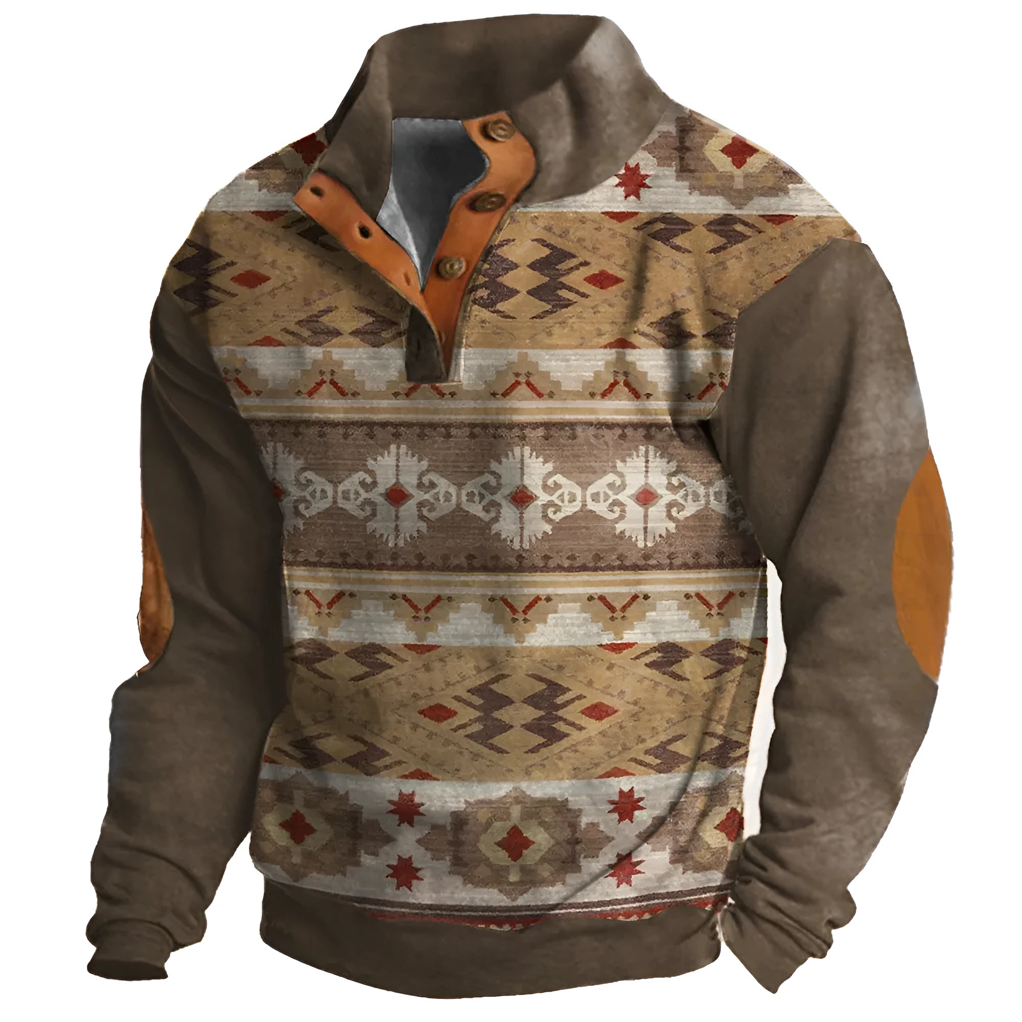 Man wearing a grey 3D digitally printed long-sleeve sweater with a four-button placket and loose fit.