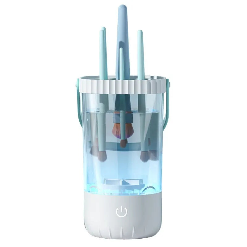 White plastic rechargeable electric makeup brush cleaner with USB charging cable