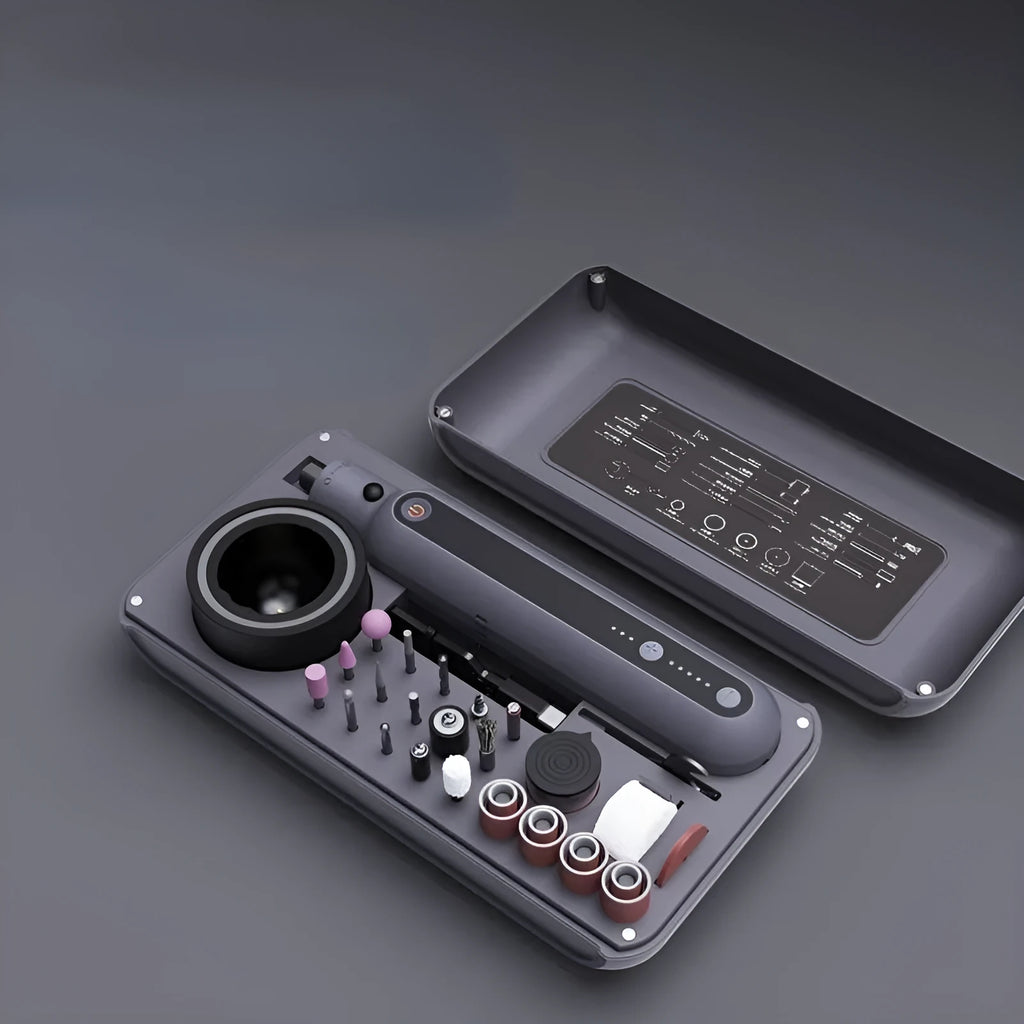 Mini electric grinding tool with handheld design showing compact 37x37x200mm dimensions and chuck