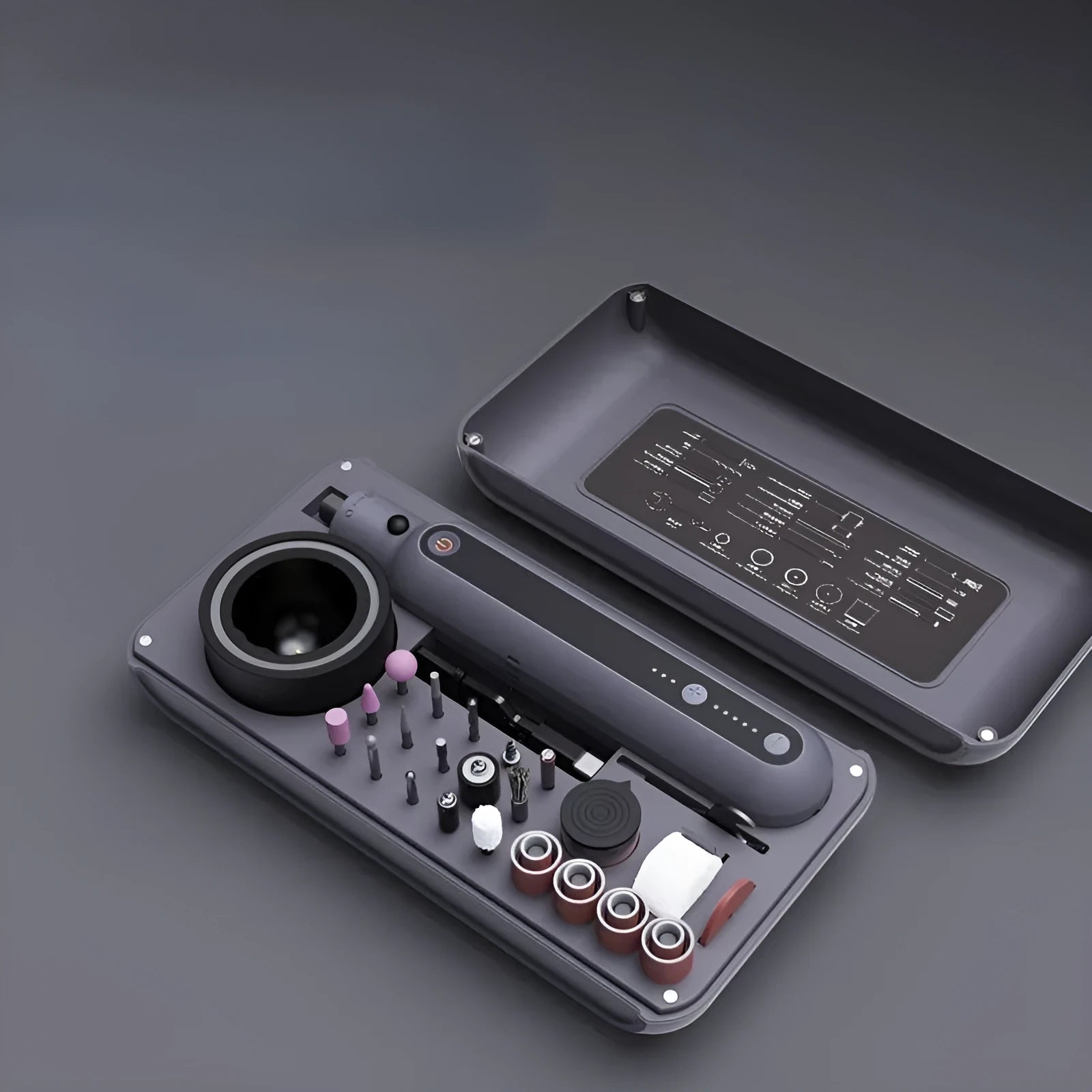 Mini electric grinding tool with handheld design showing compact 37x37x200mm dimensions and chuck