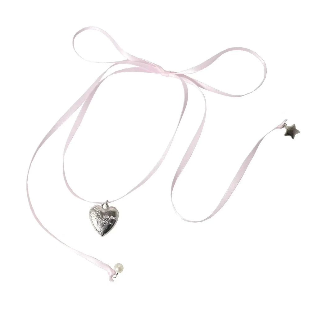 Women's alloy necklace with ribbon love pendant on clavicle chain in electroplated 33colour finish