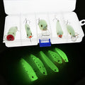 Five 3D fluorescent hard bait fishing lures with luminous details, packaged in a box.