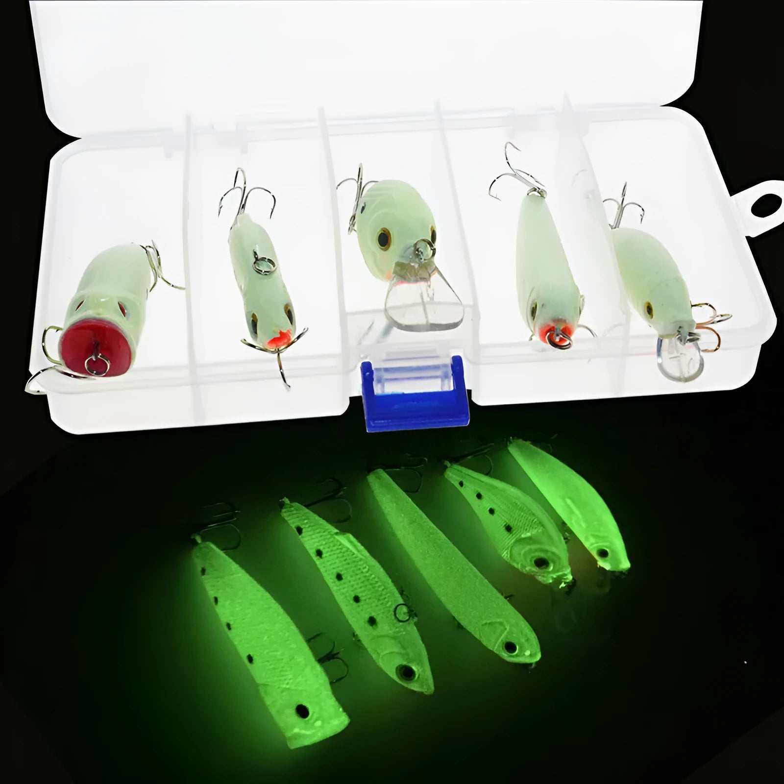 Five 3D fluorescent hard bait fishing lures with luminous details, packaged in a box.