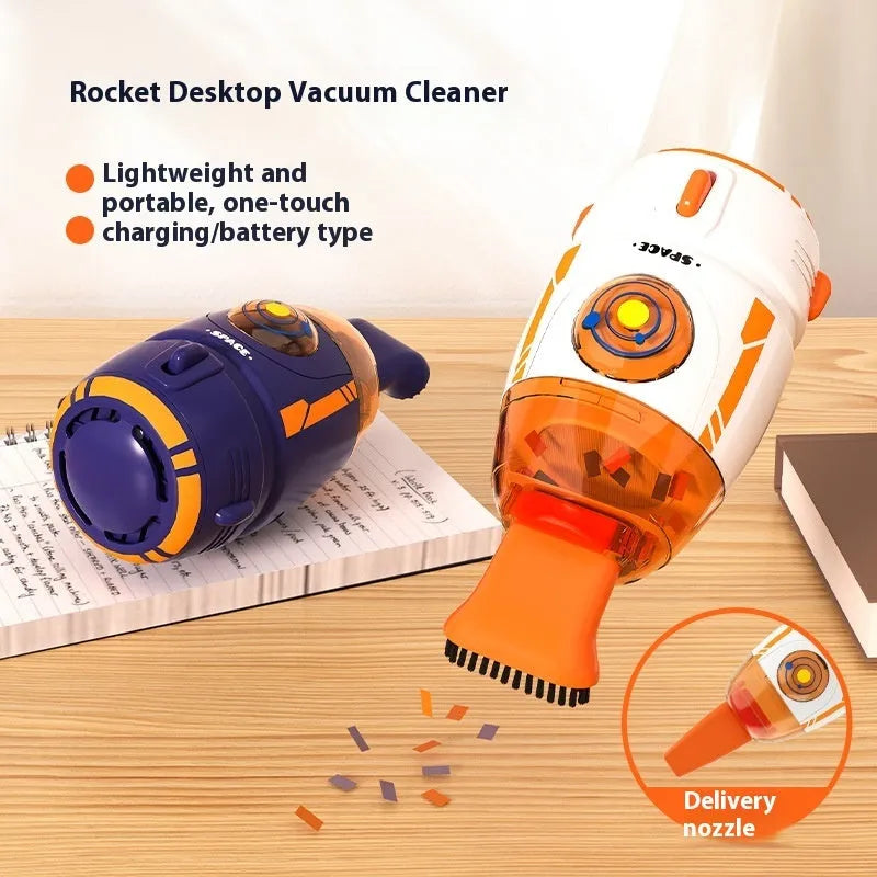 USB rechargeable handheld desktop vacuum cleaner in blue rocket design on office desk
