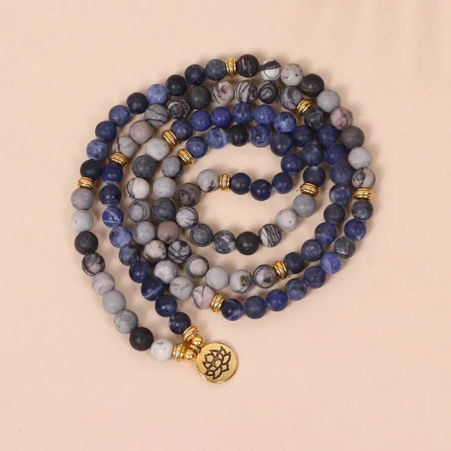 Blue patterned network stone bead multi-layer bracelet with alloy components