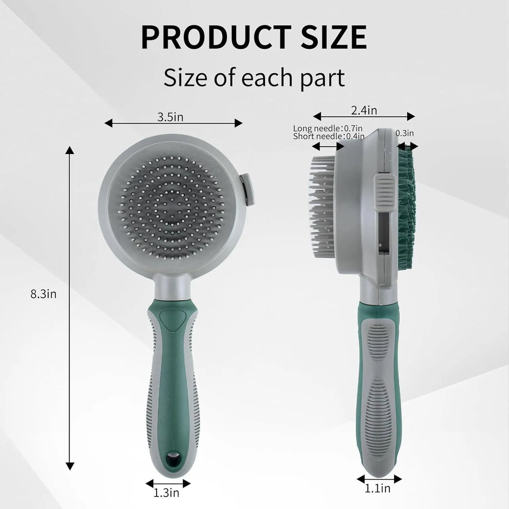 Green and pink dual-sided pet brush showing retractable slicker brush and silicone massager on a white background