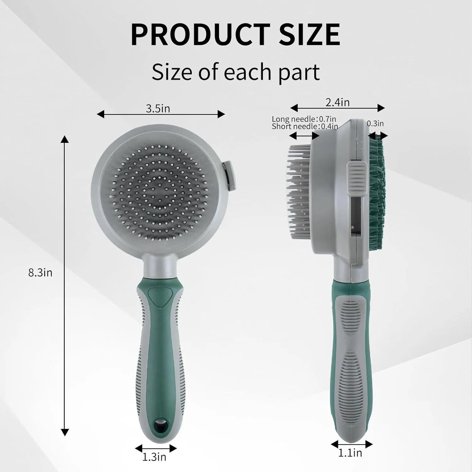 Green and pink dual-sided pet brush showing retractable slicker brush and silicone massager on a white background
