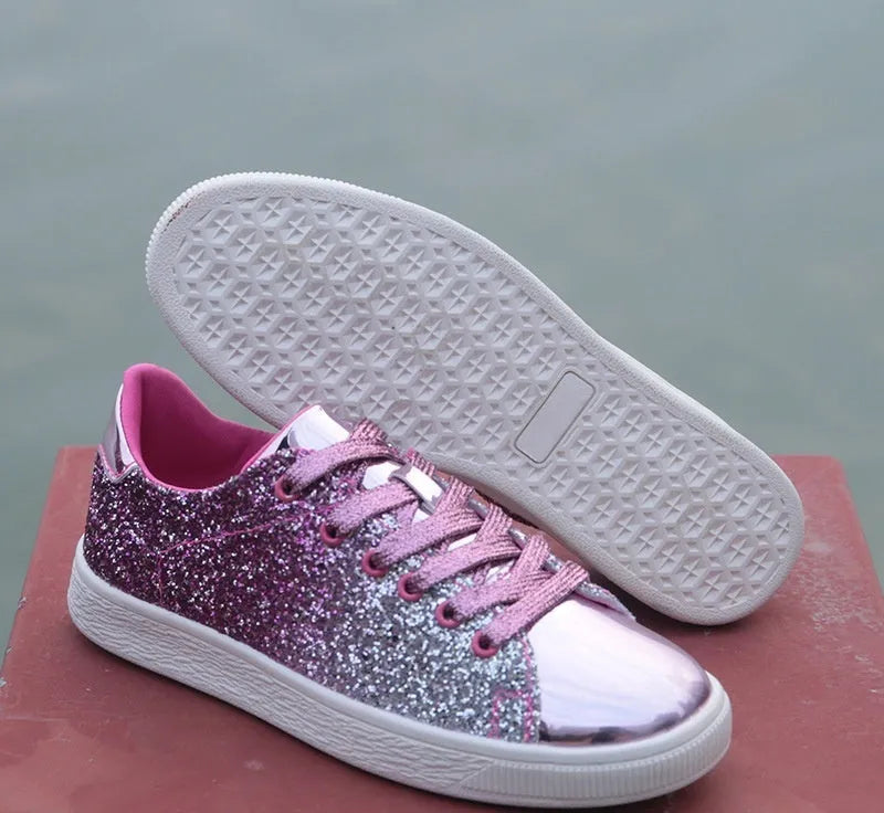 Women's black pink gold sequin casual shoes with round toe and lace-up closure