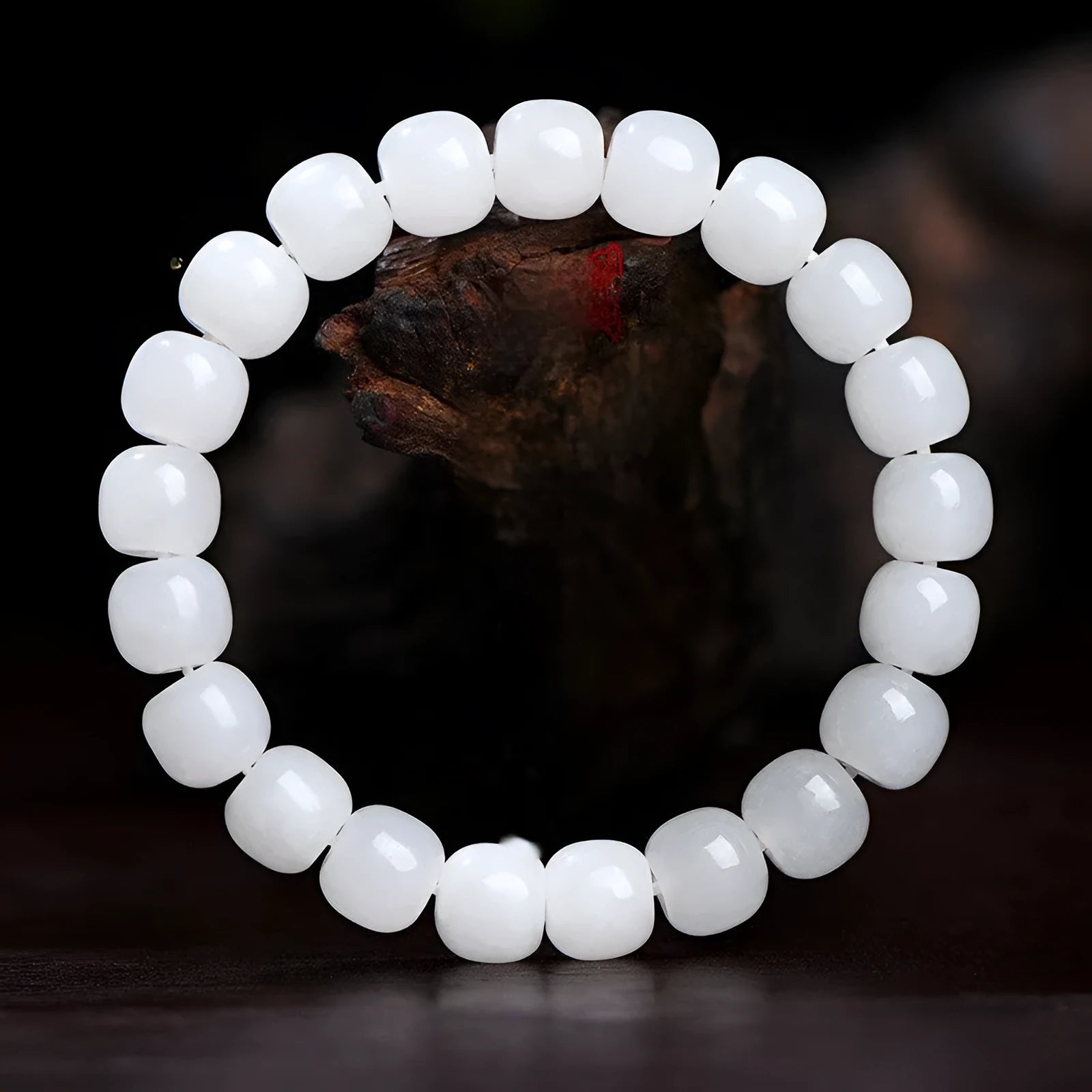 White Hetian jade barrel bead bracelet showing three size options: 5x6mm, 7x8mm, and 8x10mm on a neutral background.