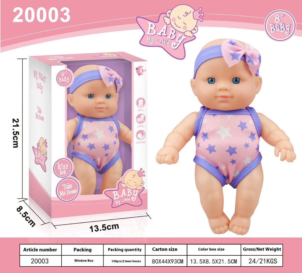 21.5 cm tall simulation baby vinyl doll figurine on display.