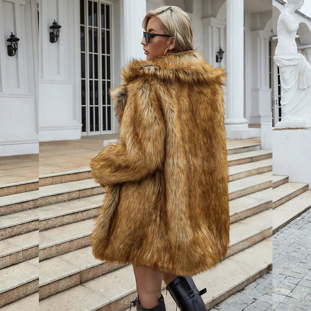 Yellow women's faux fur coat with regular sleeves and loose fit, 80cm length