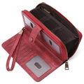 Women's expanding long wallet in light blue with card slots, passport pocket, and anti-theft swiping feature.