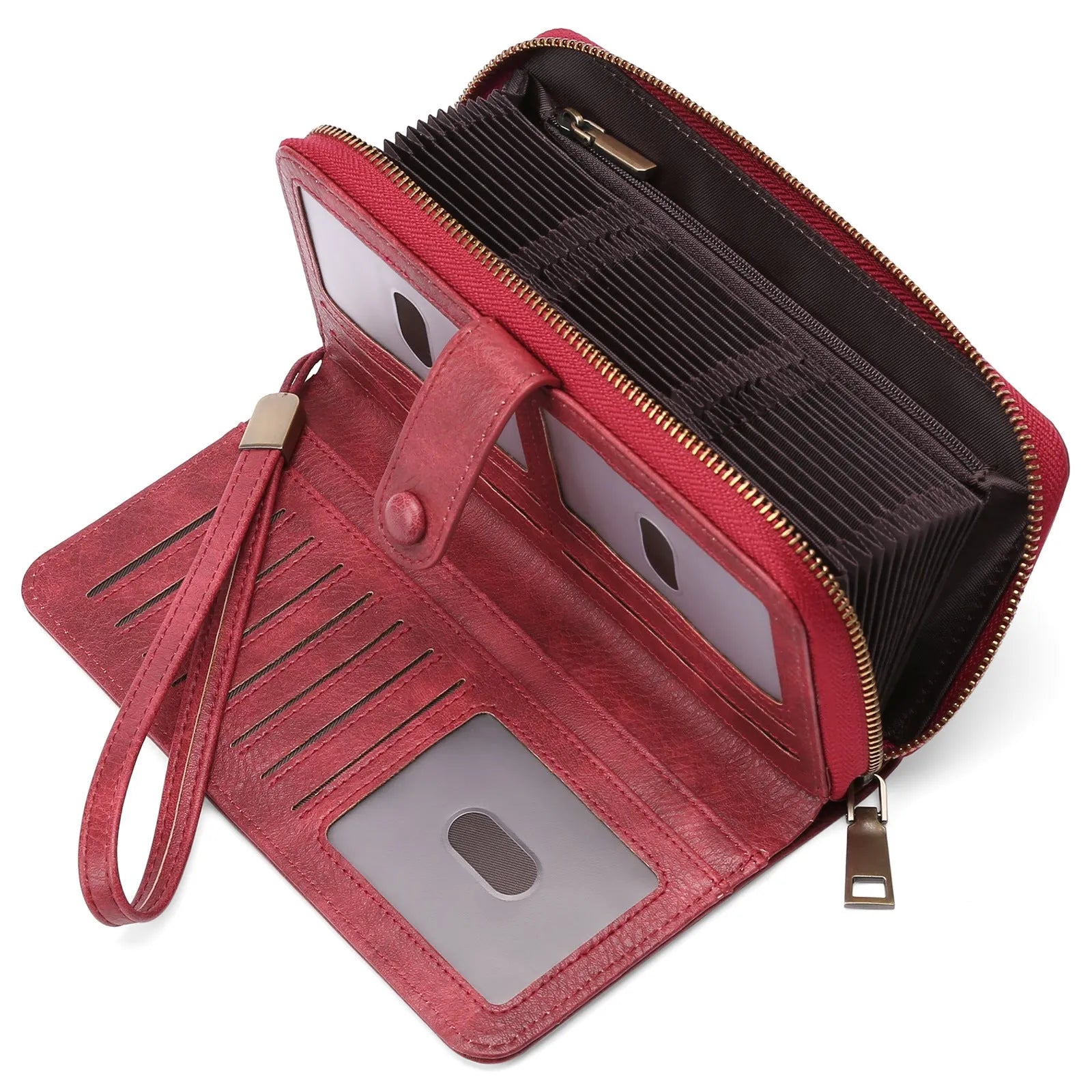 Women's expanding long wallet in light blue with card slots, passport pocket, and anti-theft swiping feature.