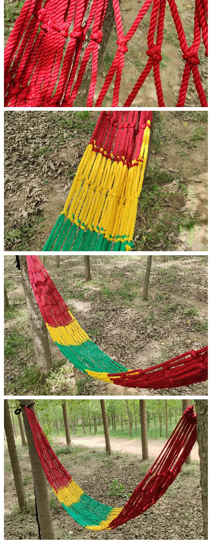 Nylon rope mesh hammock with tying system shown outdoors