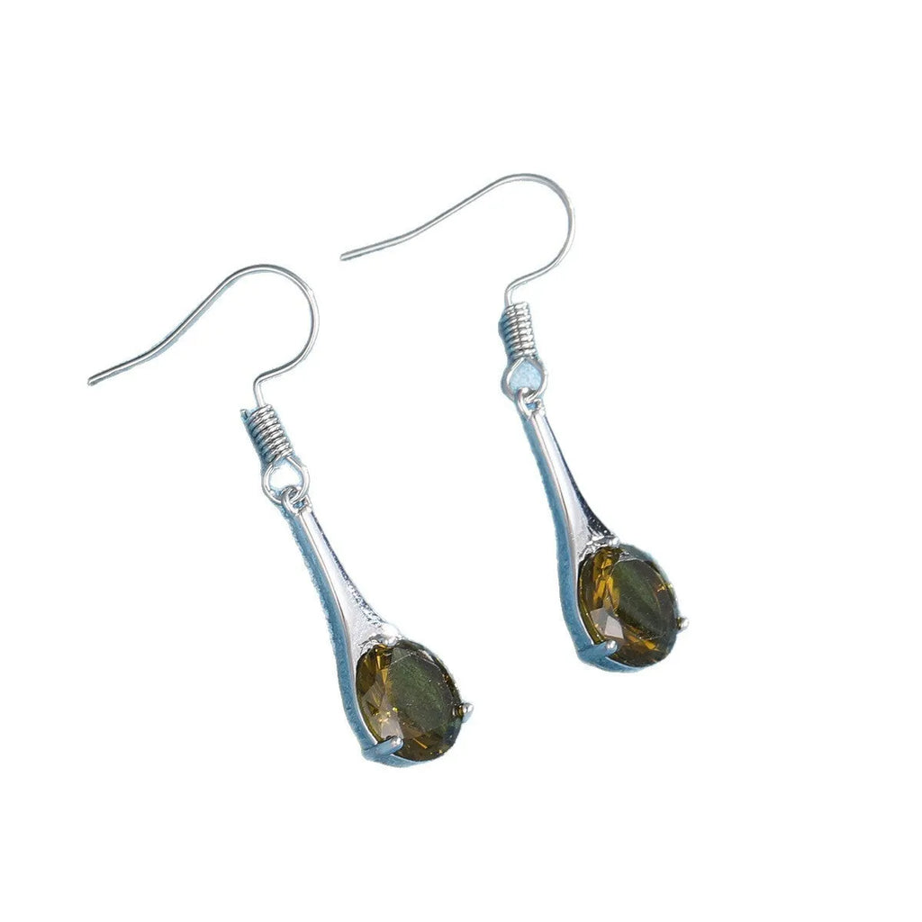 A pair of simple olive green drop-shaped earrings with a retro style on a white background.
