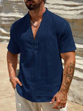Men's solid colour short-sleeved stand collar shirt in chemical fibre blend fabric