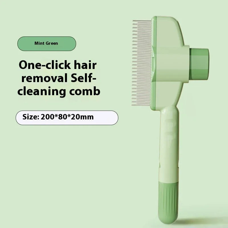 Green and yellow self-cleaning pet comb with stainless steel teeth and a release button on the handle.