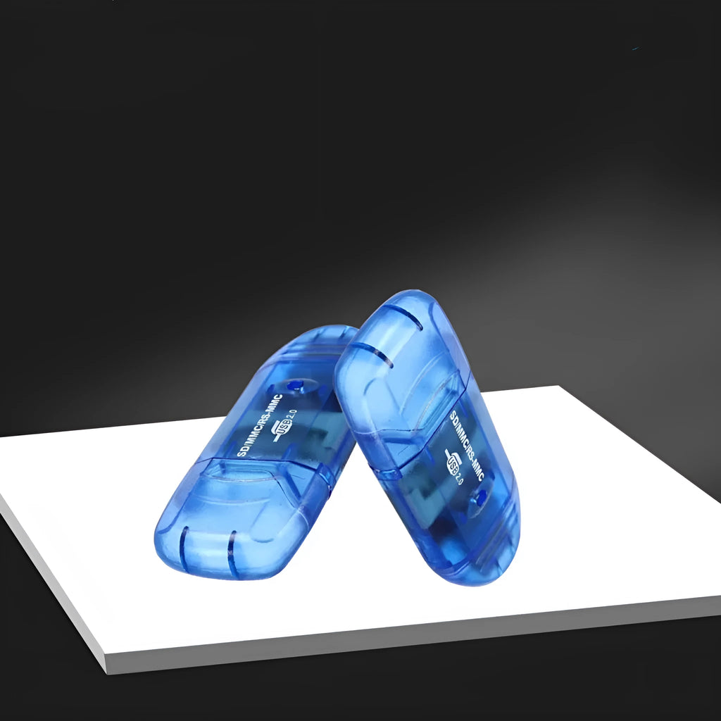 Transparent USB card reader with LED light option on desk next to memory cards