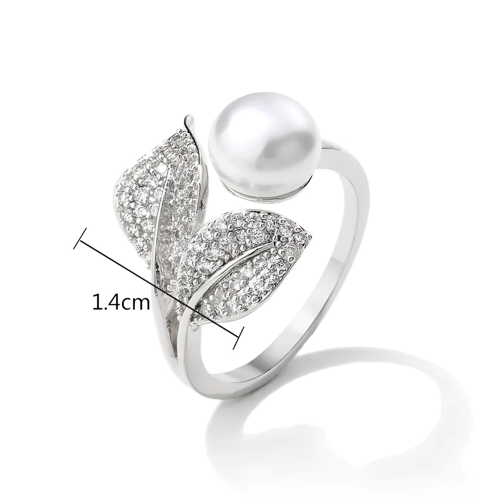 Exquisite Leaf Zircon Open Ring with silver-tone leaf motif and cubic zirconia stones on adjustable band