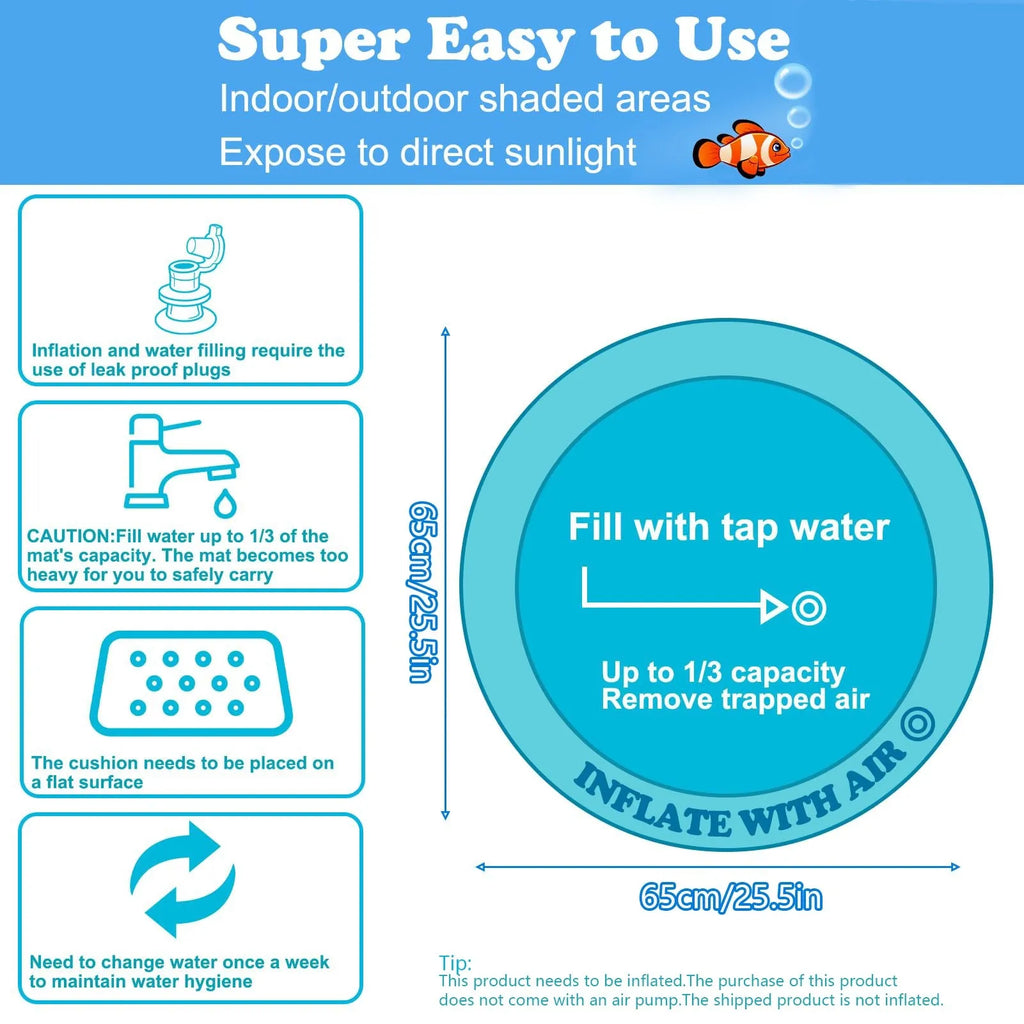 Thickened blue PVC water playmat for cats with ocean fish design and floating toys inside.