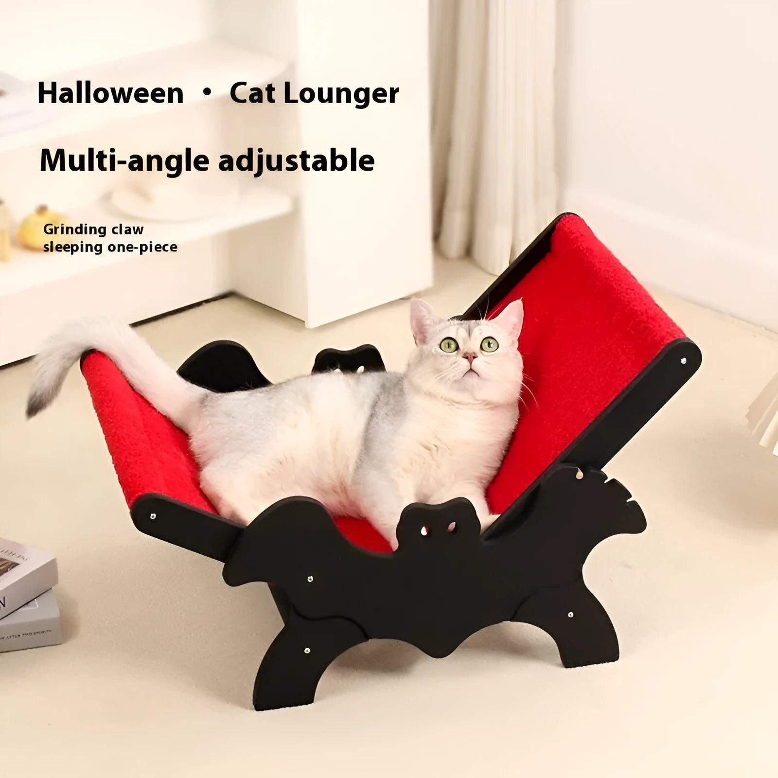 MW-054 black and red wooden cat recliner bed with lounge chair design.