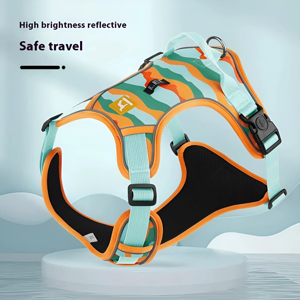 Reflective dog harness with chest and back design in Oxford cloth material for urban commuting safety
