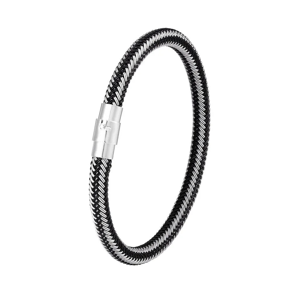 Titanium steel wire bracelet with magnetic clasp in a geometric line design on a wrist.