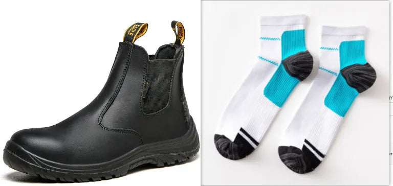 Black leather high-top safety work boots with anti-piercing sole on a neutral background