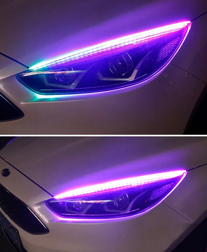 Universal RGB colour-changing LED daytime running light strip with remote control in 30cm, 45cm, and 60cm lengths.