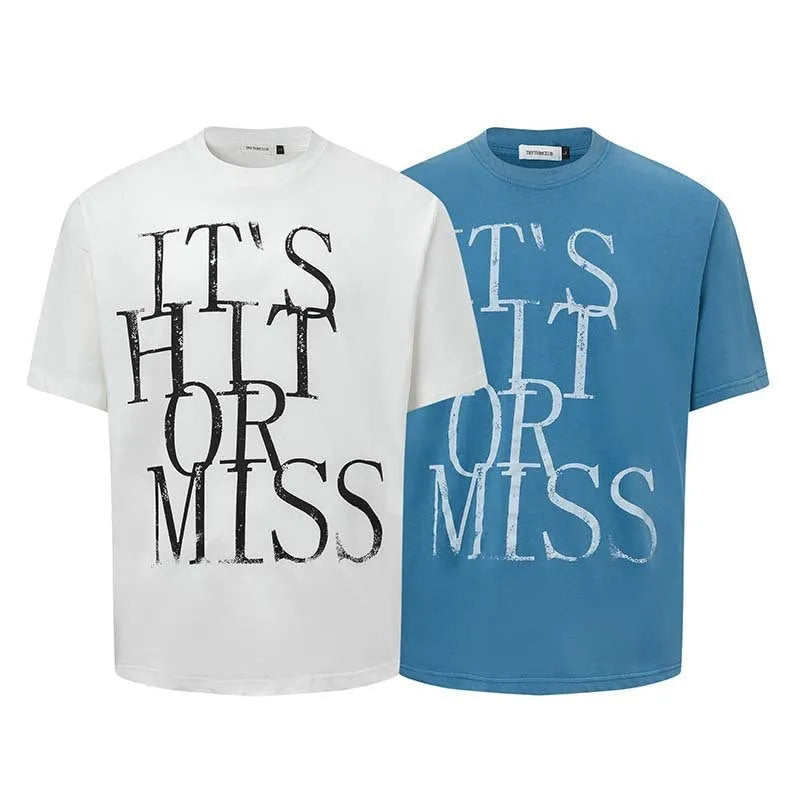 Men's blue American retro letter print cotton blend t-shirt with loose fit