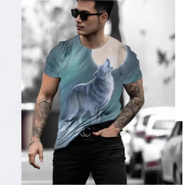 Retro 3D animal print on a men's short-sleeved light blue T-shirt made from polyester bird eye cloth.