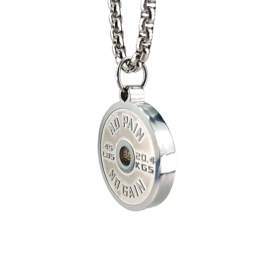 Polished stainless steel barbell disk geometric pendant on a 60cm chain necklace