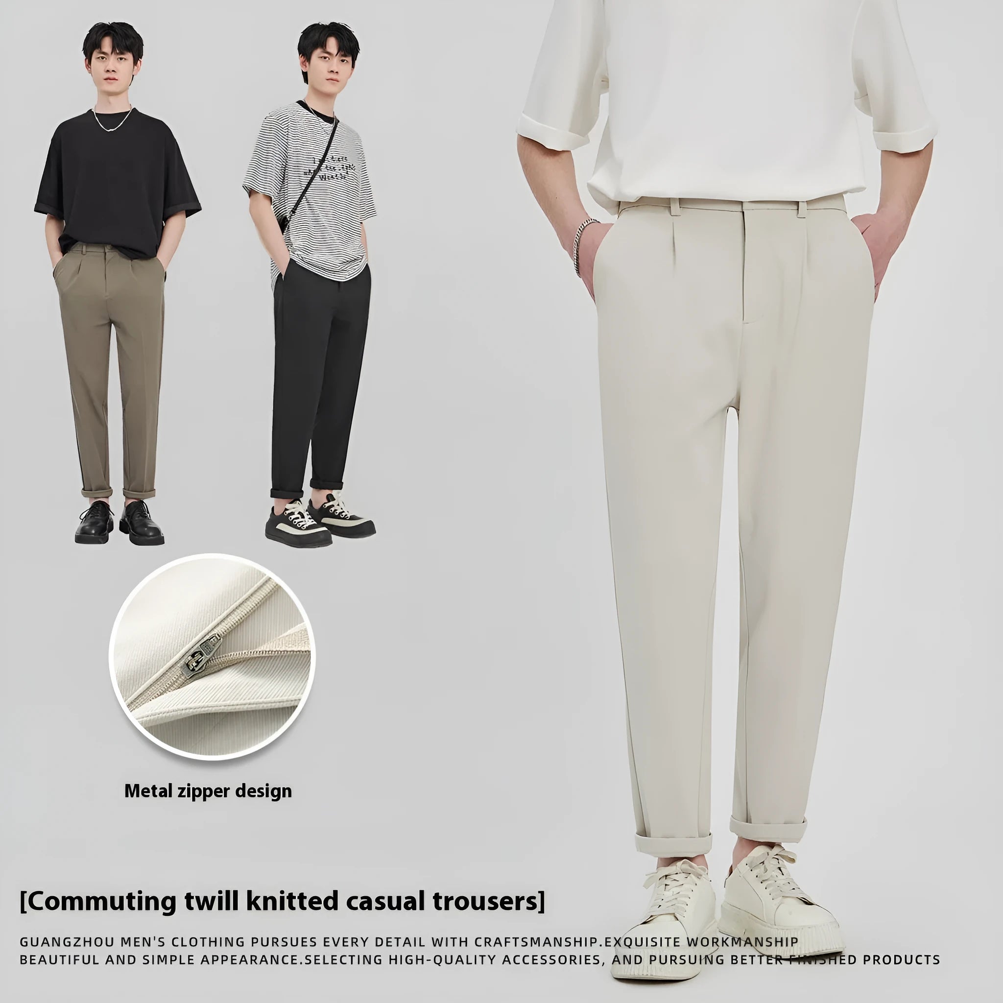 Men's slim-fit ankle length trousers in solid colour with zipper fly, anti-wrinkle polyester twill fabric